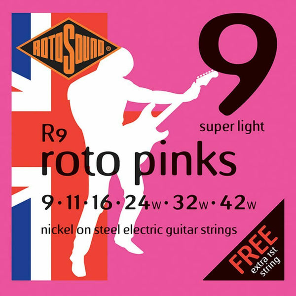 2 Sets Of Rotosound R9 Roto Pink Nickel Electric Guitar Strings 9-42 Super Light
