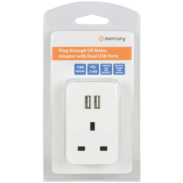 Mercury Plug through UK Mains Adaptor with Dual USB Ports 2.4A Max