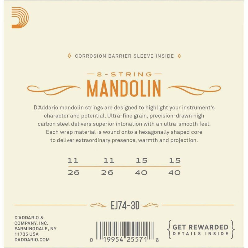 D'Addario EJ74-3D Mandolin Strings, 3 PACK, Phosphor Bronze Wound, Loop End