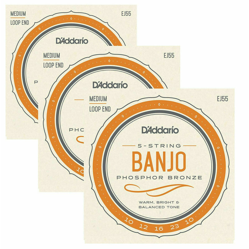 3 X  SETS EJ55 5-String Banjo Strings, Phosphor Bronze Wound, Loop End, 10-23