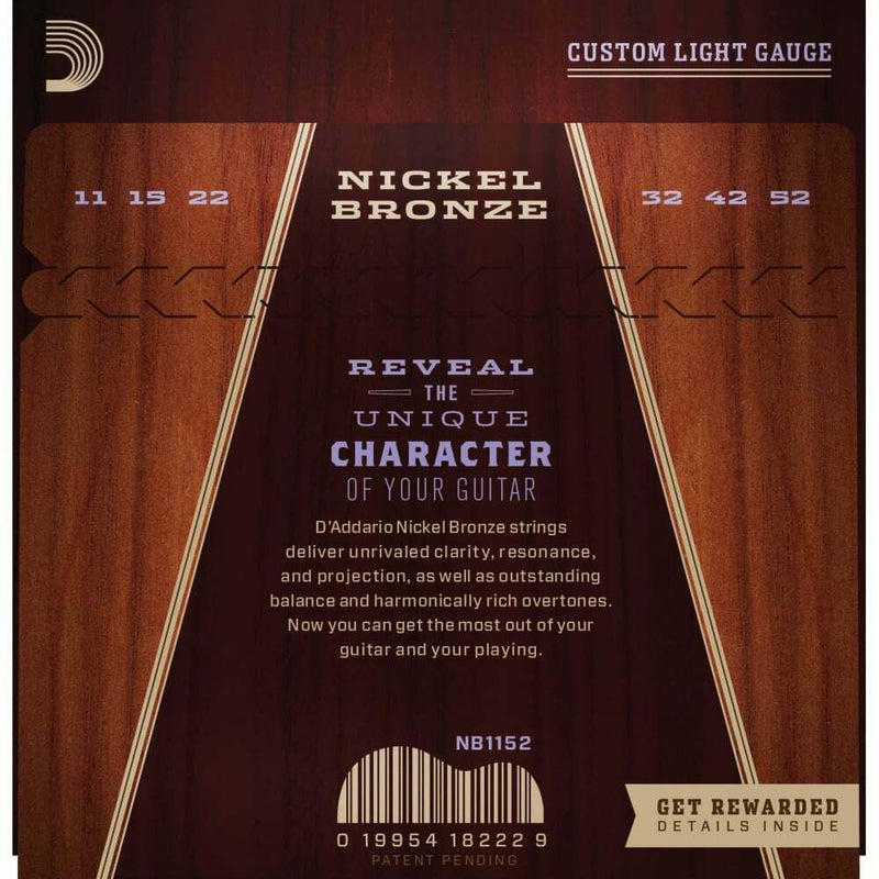 D'addario NB1152 Nickel Bronze Acoustic Guitar Strings, 11-52 Custom Light