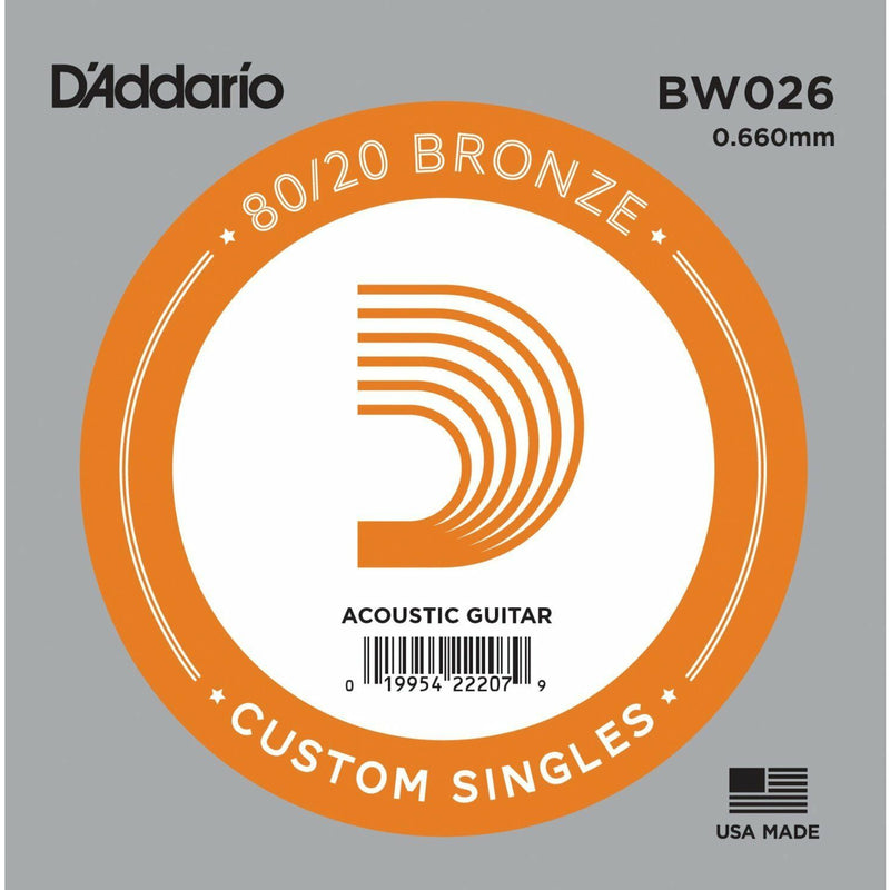 5 X D'Addario BW026 80/20  Bronze Wound  Acoustic Guitar Single String .026