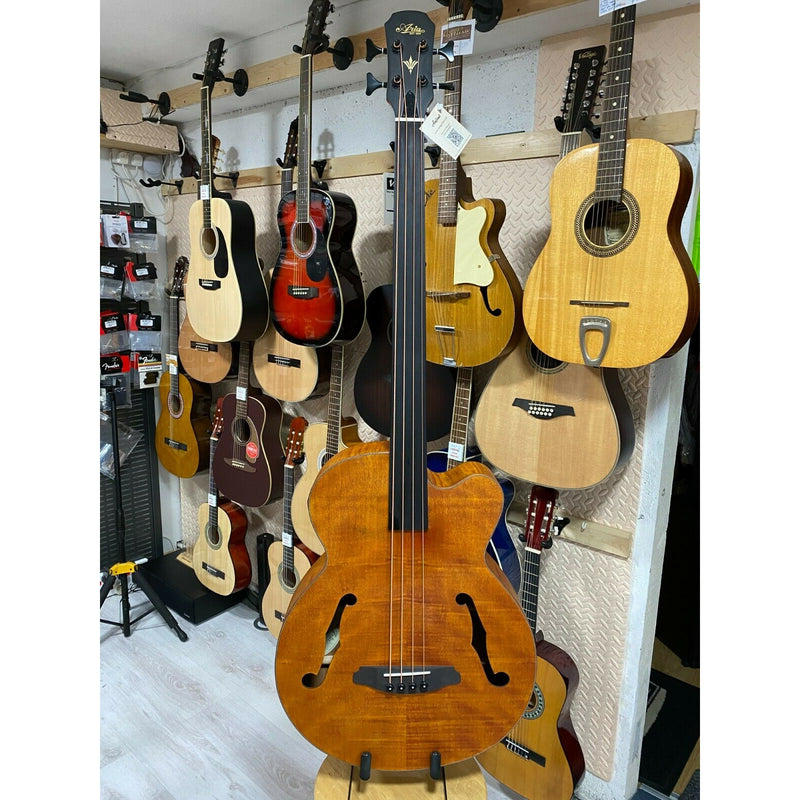 Aria FEB Fretless F Hole Acoustic Bass.Flamed Natural Nato Finish.On Board Tuner