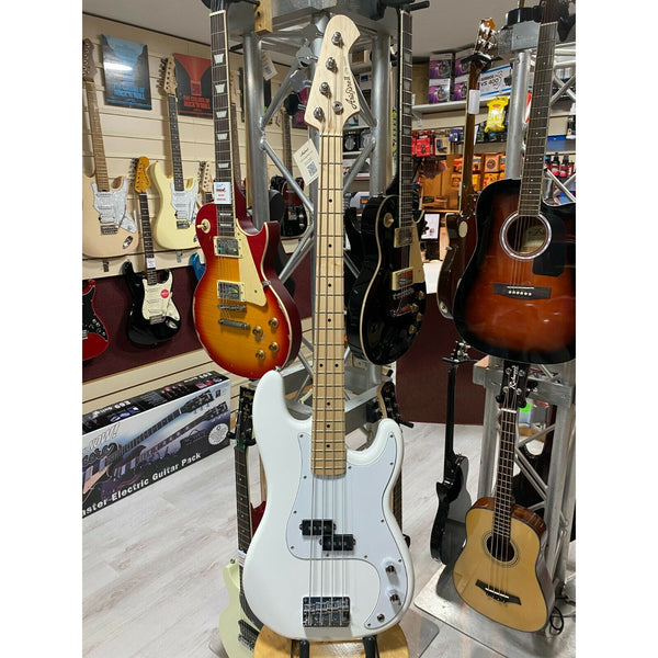 Aria STB-PB Solid Body Electric Bass Guitar. Gloss White With Maple Fretboard